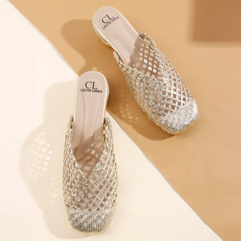 Women's Elegant Metallic Woven Mule Intricate Closed-Toe Low Heel