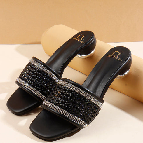 Women's Woven Rhinestone Sandal Textured Strap Low Heel