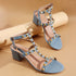 Women's Blue Textured T-Strap Sandal with Gold Studs and Block Heel