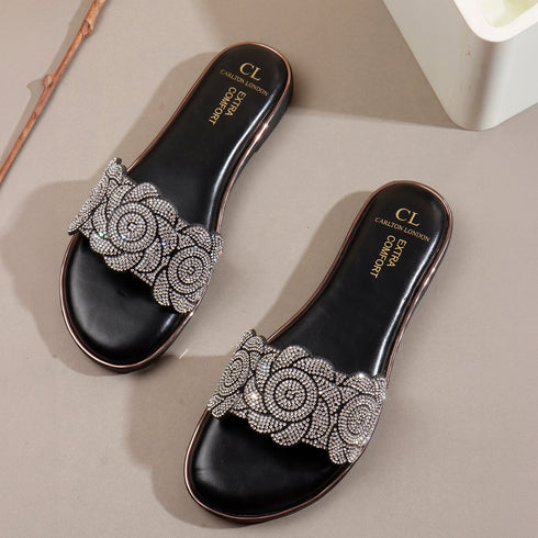 Flat Glamour Women's Sandal with Rhinestone Floral Embellishment