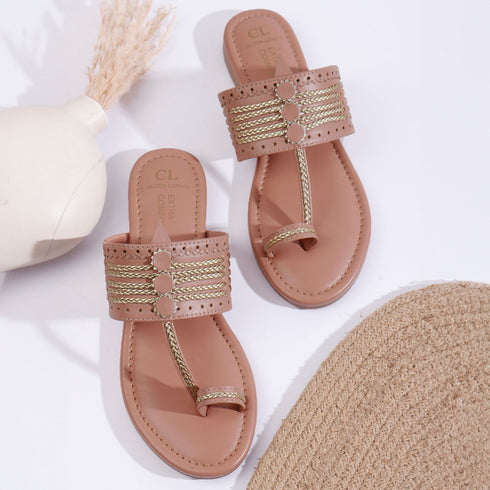 Women's Ethnic Toe-Ring Flat Sandals with Gold Braid and Cut-Outs