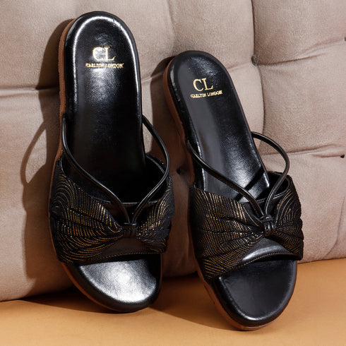 Women's Flat Slide Sandals with Metallic Swirl Print and Knot Detail