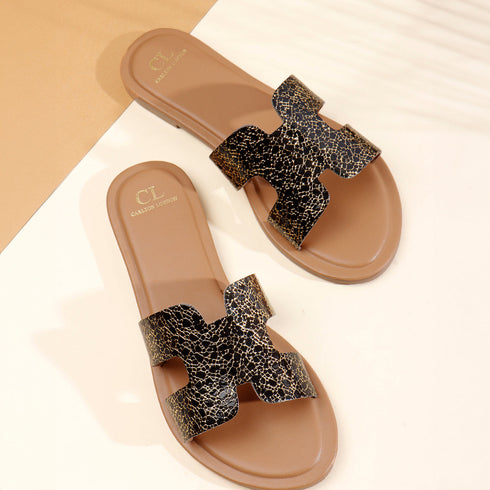 Women's Flat H-Strap Slide Sandals with Gold Metallic Speckle