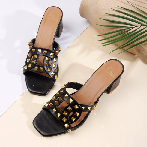 Women's Chic Black Studded Block Heel Sandals with Square Toe