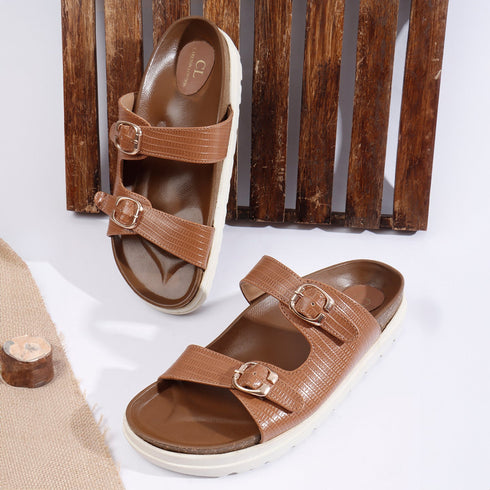 Women's Textured Tan Platform Buckle Slide Sandals