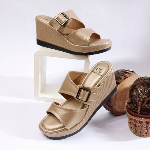 Women's Metallic Gold Wedge Mule Sandals with Buckle Detail