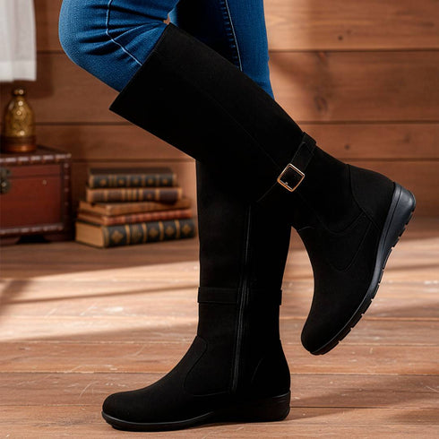 Women's Tall Moto-Style Riding Boot - Knee-High Footwear with Buckle Detail