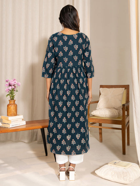Teal Cotton Floral Fit & Flare Maternity Kurta