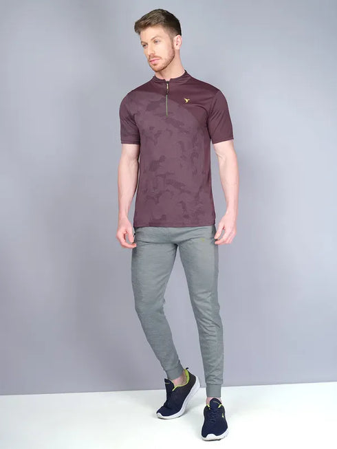Men Self Design Slim Fit Mock Neck T-shirt with VENTMESH