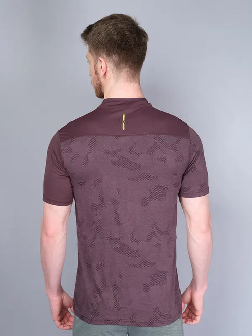 Men Self Design Slim Fit Mock Neck T-shirt with VENTMESH