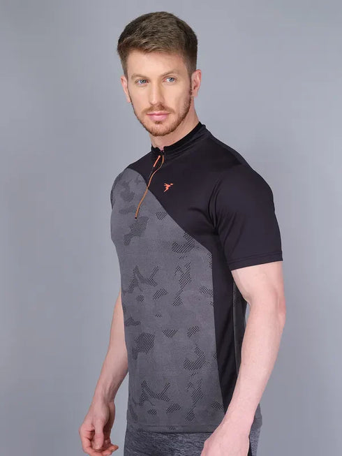 Men Self Design Slim Fit Mock Neck T-shirt with VENTMESH