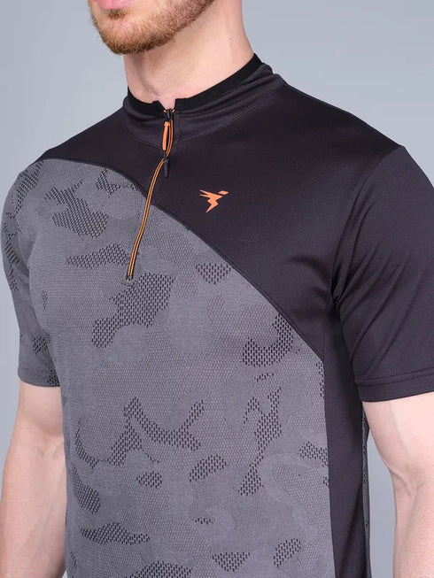 Men Self Design Slim Fit Mock Neck T-shirt with VENTMESH