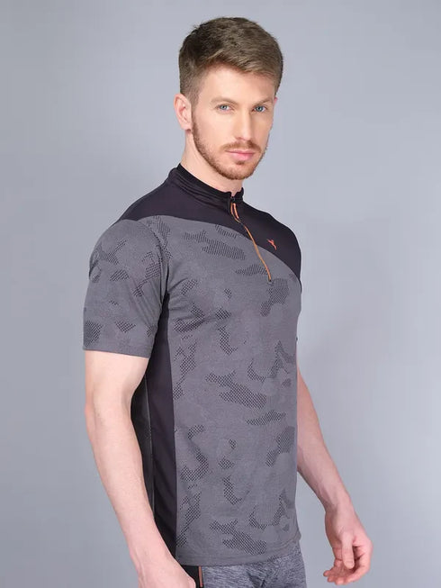 Men Self Design Slim Fit Mock Neck T-shirt with VENTMESH