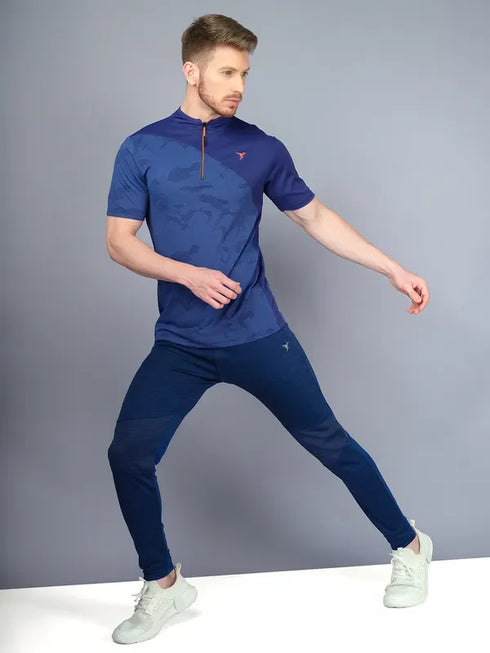 Men Self Design Slim Fit Mock Neck T-shirt with VENTMESH