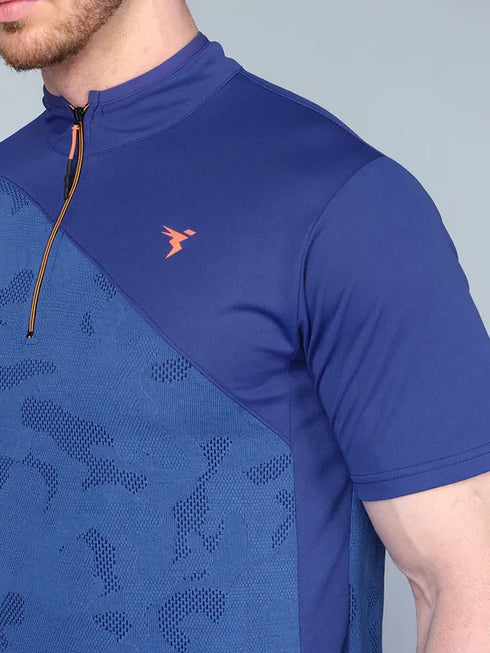 Men Self Design Slim Fit Mock Neck T-shirt with VENTMESH