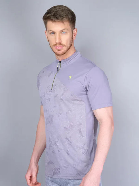 Men Self Design Slim Fit Mock Neck T-shirt with VENTMESH