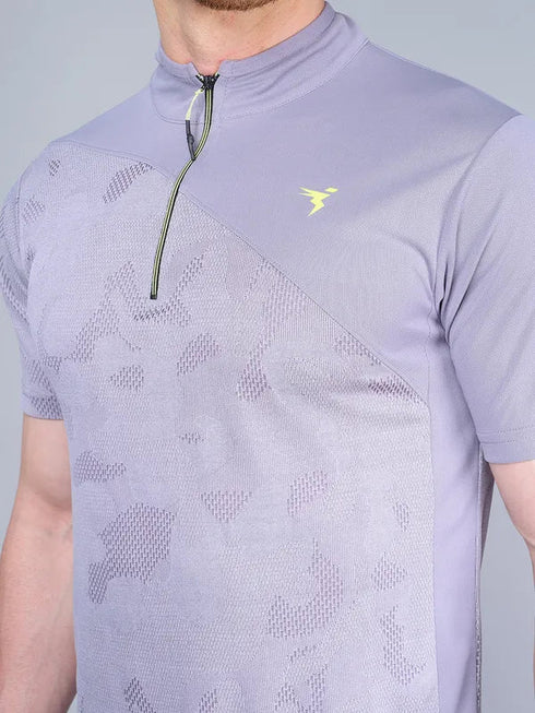 Men Self Design Slim Fit Mock Neck T-shirt with VENTMESH