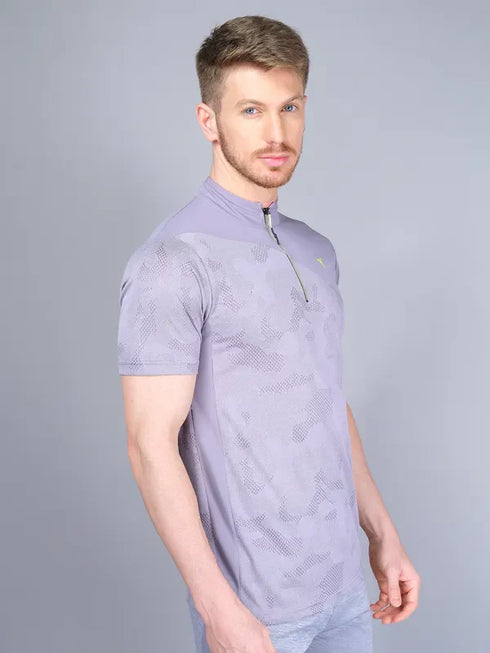 Men Self Design Slim Fit Mock Neck T-shirt with VENTMESH