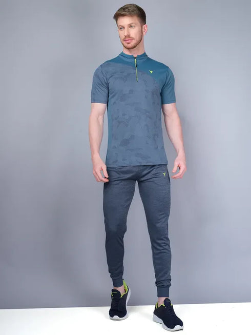 Men Self Design Slim Fit Mock Neck T-shirt with VENTMESH