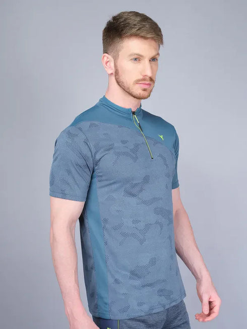 Men Self Design Slim Fit Mock Neck T-shirt with VENTMESH