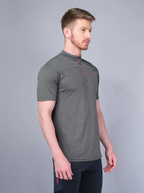 Men Melange Slim Fit Mock Neck T-shirt with DOUBLE COOL