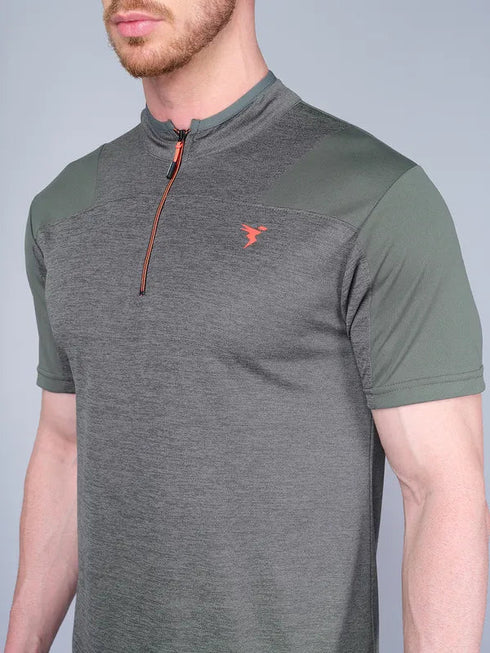 Men Melange Slim Fit Mock Neck T-shirt with DOUBLE COOL