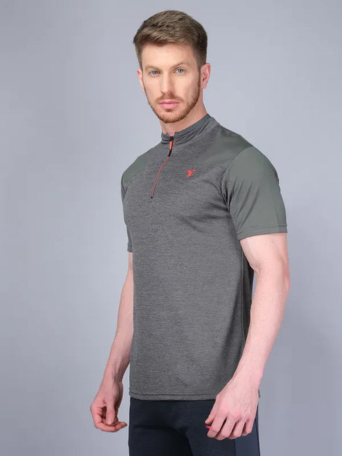 Men Melange Slim Fit Mock Neck T-shirt with DOUBLE COOL