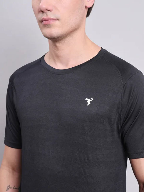 Men Self Design Slim Fit Crew Neck T-shirt with VENTMESH