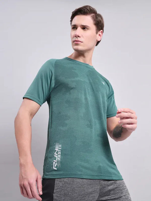 Men Self Design Slim Fit Crew Neck T-shirt with VENTMESH