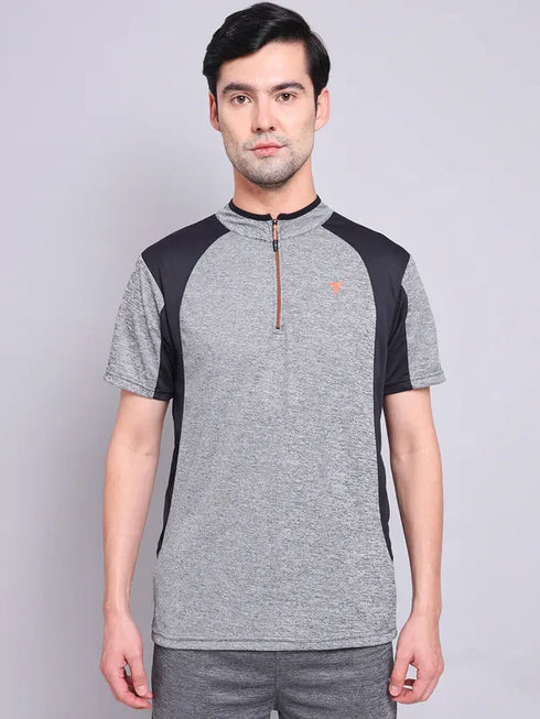 Men Melange Slim Fit Mock Neck T-shirt with TECHNO COOL+