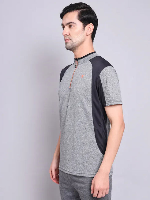 Men Melange Slim Fit Mock Neck T-shirt with TECHNO COOL+