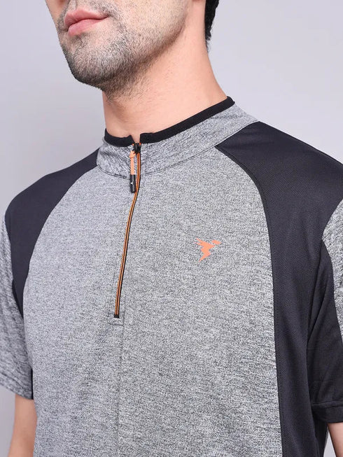 Men Melange Slim Fit Mock Neck T-shirt with TECHNO COOL+