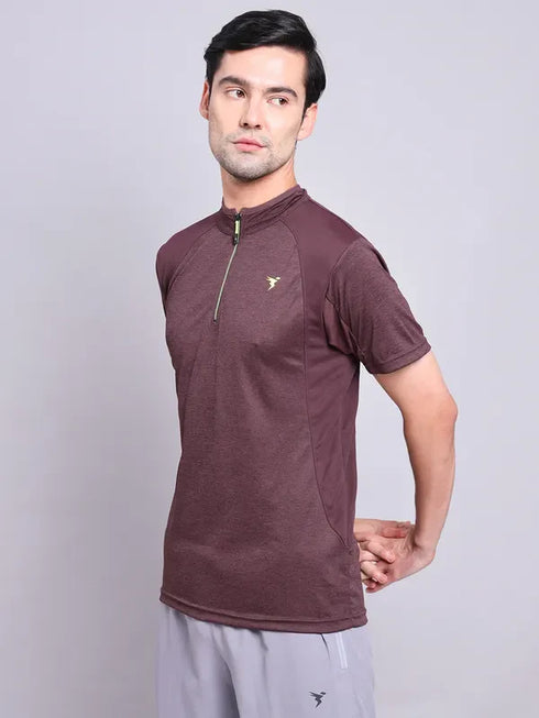 Men Melange Slim Fit Mock Neck T-shirt with TECHNO COOL+