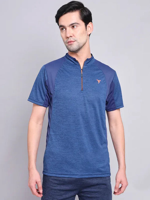 Men Melange Slim Fit Mock Neck T-shirt with TECHNO COOL+