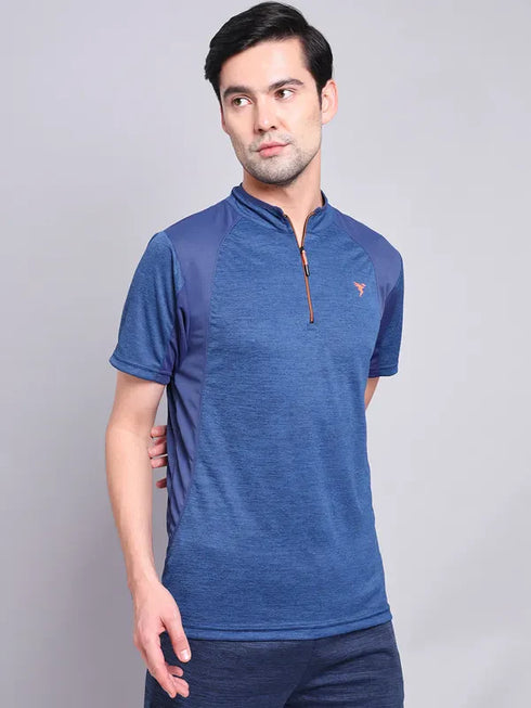 Men Melange Slim Fit Mock Neck T-shirt with TECHNO COOL+