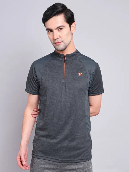 Men Melange Slim Fit Mock Neck T-shirt with TECHNO COOL+