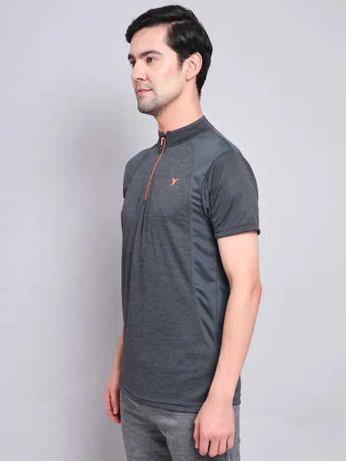 Men Melange Slim Fit Mock Neck T-shirt with TECHNO COOL+