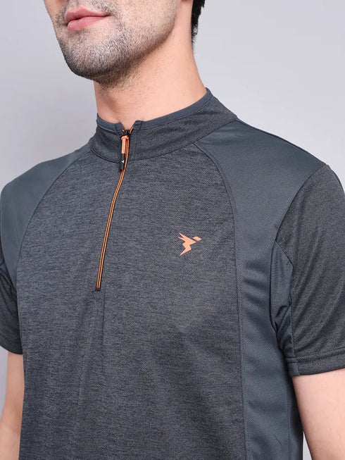 Men Melange Slim Fit Mock Neck T-shirt with TECHNO COOL+