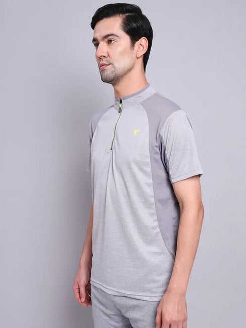 Men Melange Slim Fit Mock Neck T-shirt with TECHNO COOL+