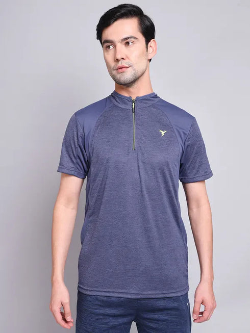 Men Melange Slim Fit Mock Neck T-shirt with TECHNO COOL+