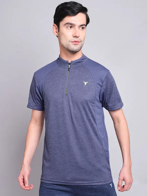 Men Melange Slim Fit Mock Neck T-shirt with TECHNO COOL+
