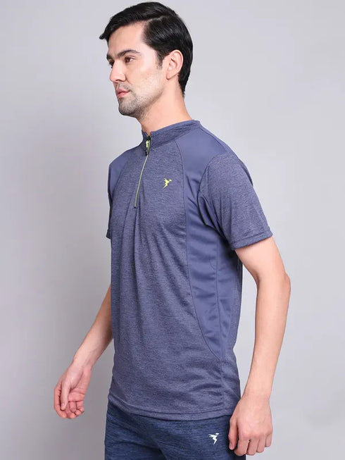 Men Melange Slim Fit Mock Neck T-shirt with TECHNO COOL+