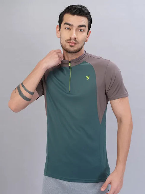 Men Colorblock Slim Fit Mock Neck T-shirt with TECHNO COOL+