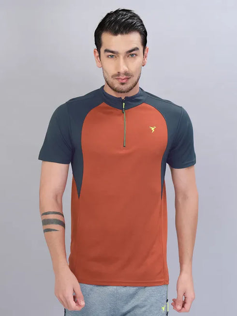 Men Colorblock Slim Fit Mock Neck T-shirt with TECHNO COOL+