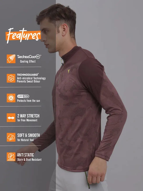 Men Jacquard Slim Fit Mock Neck T-shirt with TECHNO COOL+