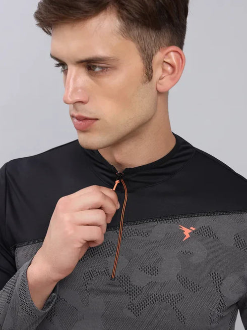 Men Jacquard Slim Fit Mock Neck T-shirt with TECHNO COOL+