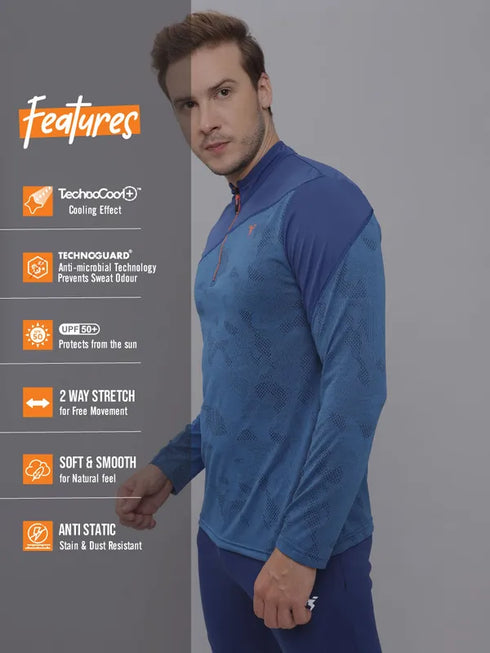 Men Jacquard Slim Fit Mock Neck T-shirt with TECHNO COOL+