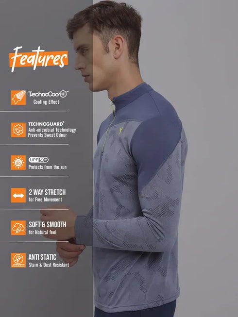 Men Jacquard Slim Fit Mock Neck T-shirt with TECHNO COOL+