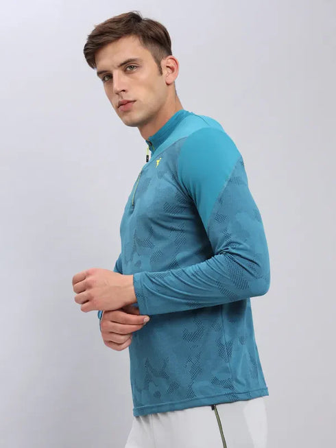 Men Jacquard Slim Fit Mock Neck T-shirt with TECHNO COOL+