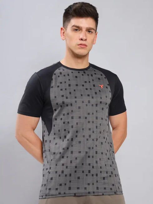 Men Self Design Slim Fit Crew Neck T-shirt with DOUBLE COOL